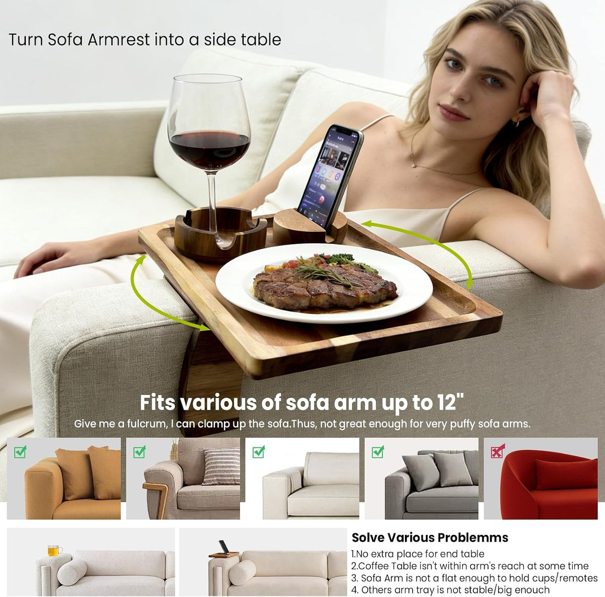 Manspdier Acacia Wood Sofa Arm Tray Table Clip On Couch Armrest Table