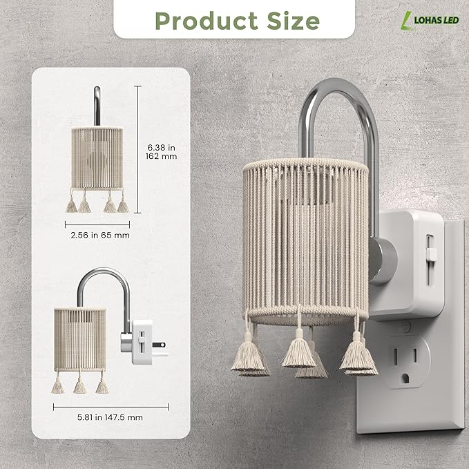 L LOHAS LED Night Lights Plug into Wall, 2 Pack Boho Fabric Cylinder Night Light