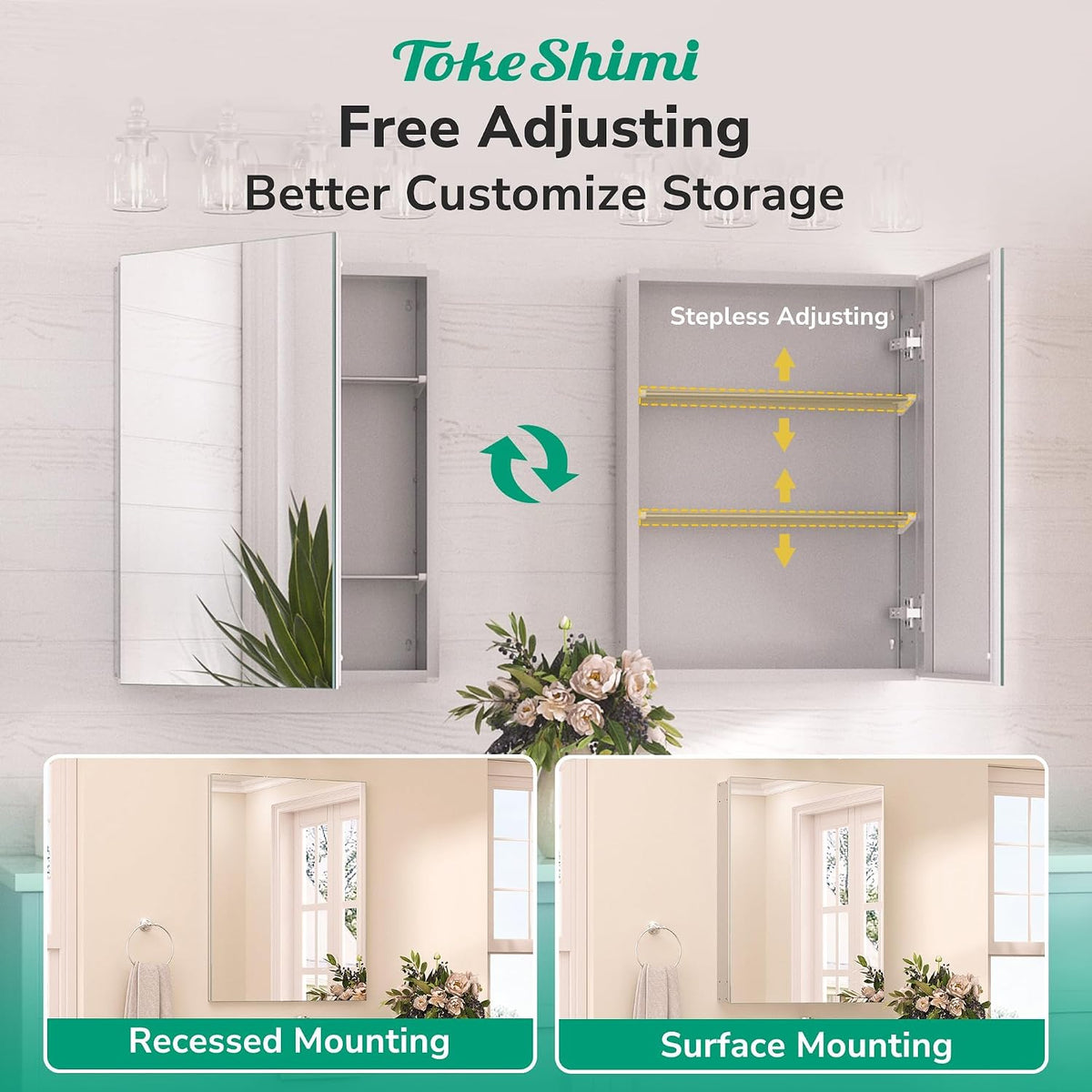 TokeShimi 30 x 26 Silver Aluminum Medicine Cabinet Mirror for Bathroom Surfac...