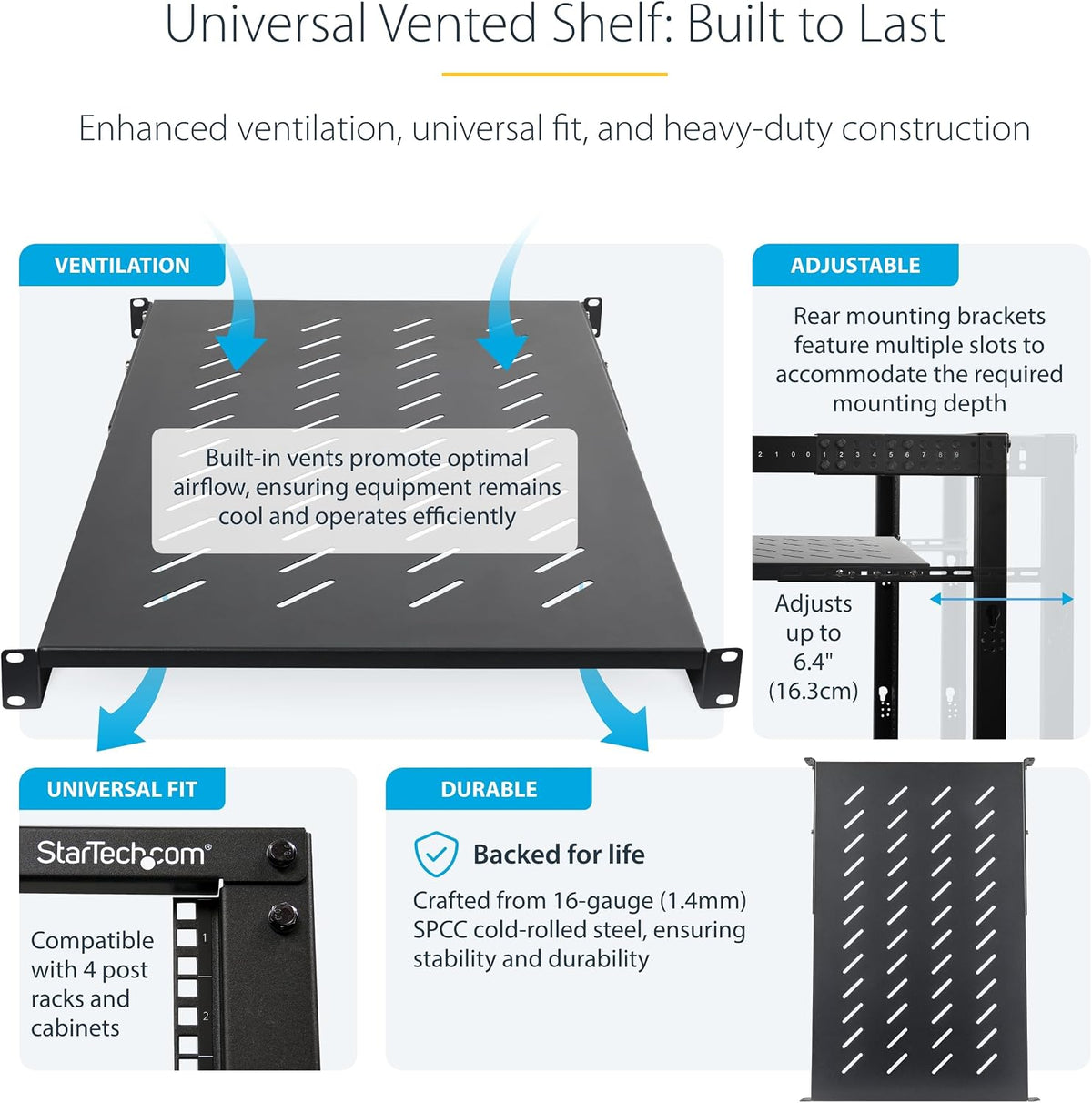 StarTech 1U 4-Post Vented Rack Shelf, 28-34.4in, 150lb (ADJSHELFV-Rack)