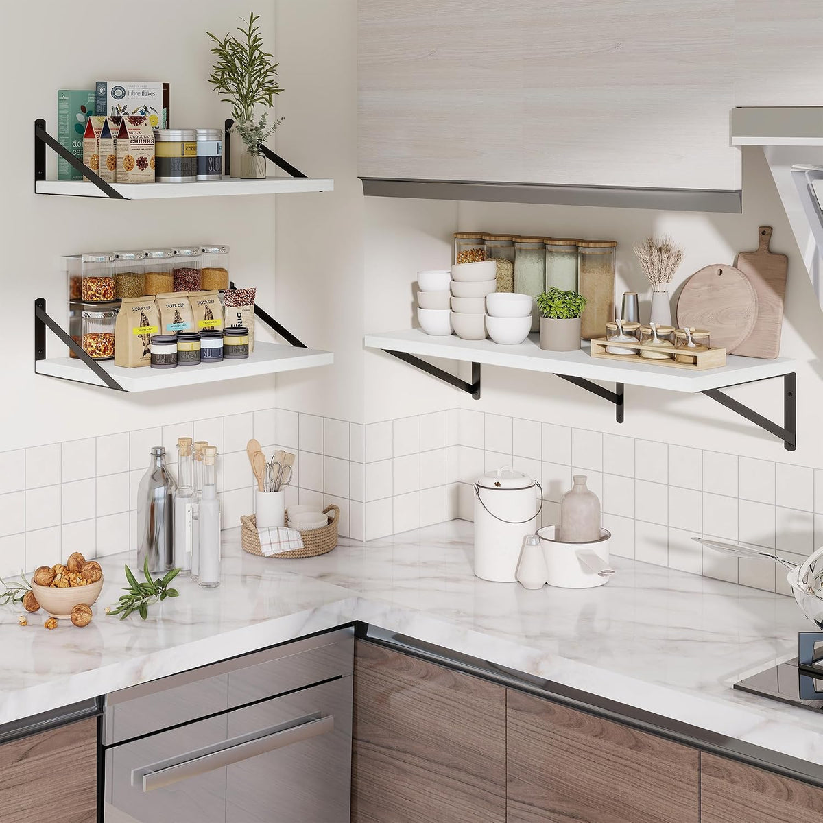 12" Deep Wall Shelves with Metal Brackets, 48" Wide, White Finish, ...