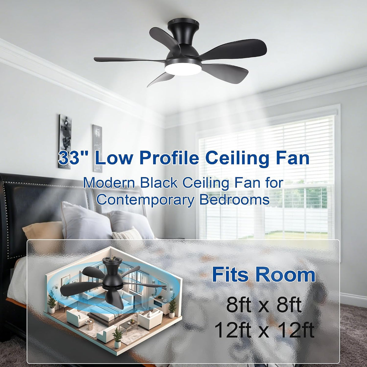 NKPU 33 Inch Low Profile Ceiling Fans with Lights, Black