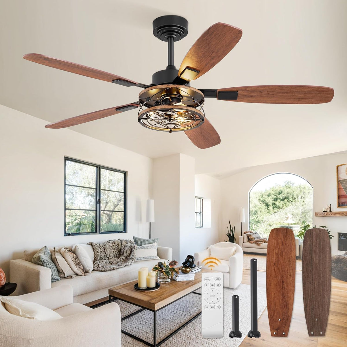 Farmhouse 52 Inch Farmhouse Ceiling Fan with Light and Remote, Black