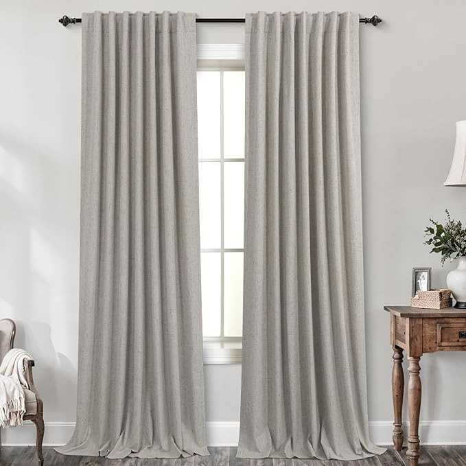 KOUFALL Taupe Back Tab Linen Blackout Curtains