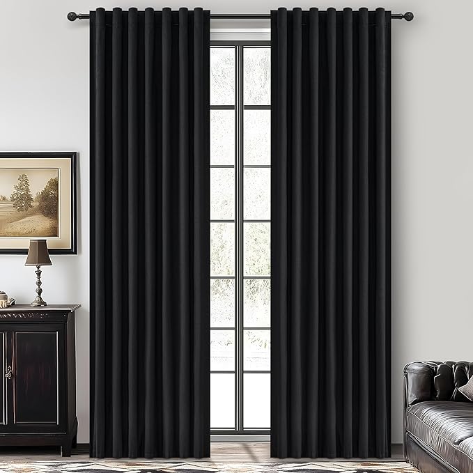 Room Darkening Black Curtains 108 Inches Long 2 Panels, 9ft Neutral Curtains