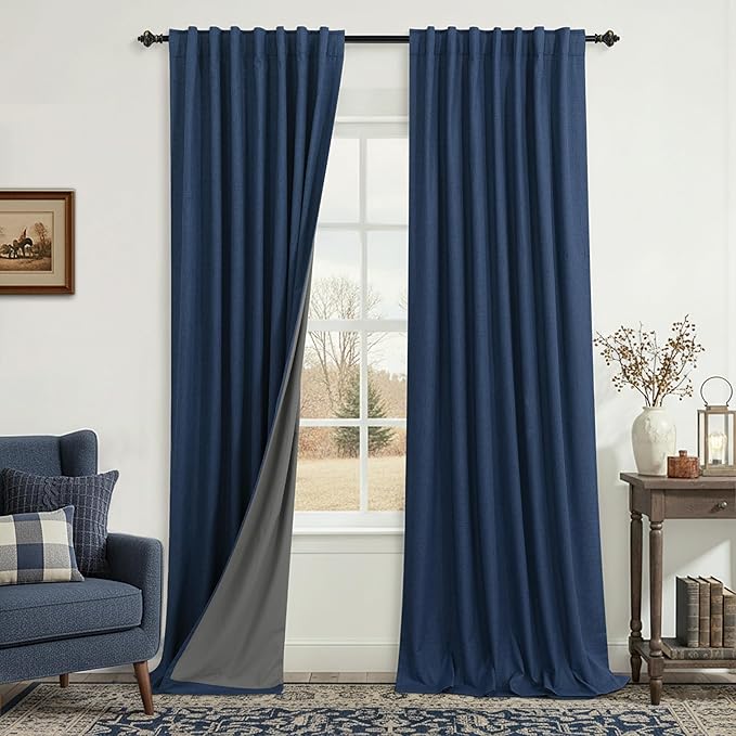 KOUFALL Navy Blue Linen Blackout Curtains 84 Inch Length, Dark Blue Thermal