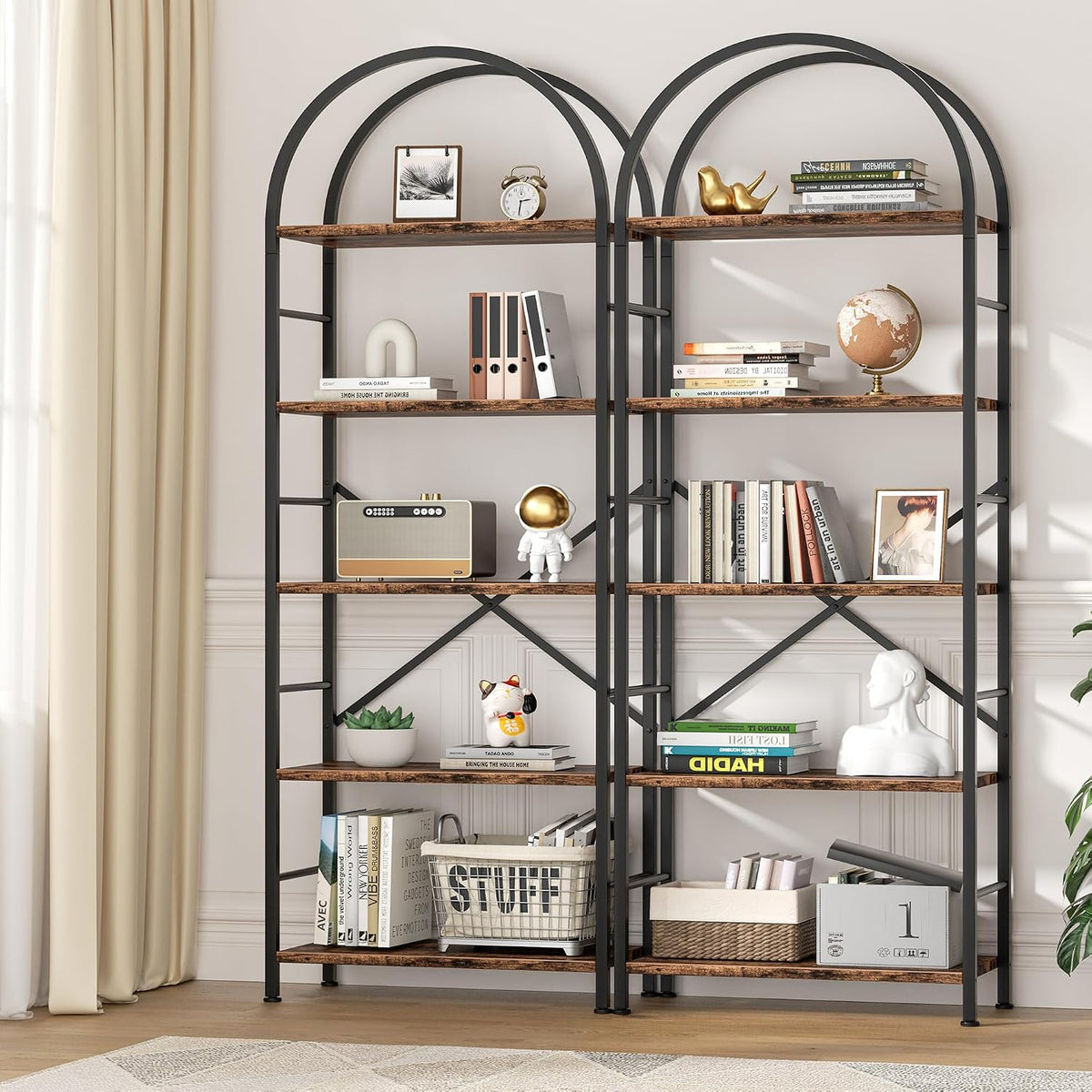 Shintenchi Arched 5 Tier Bookshelf, Brown Open Storage Bookcase