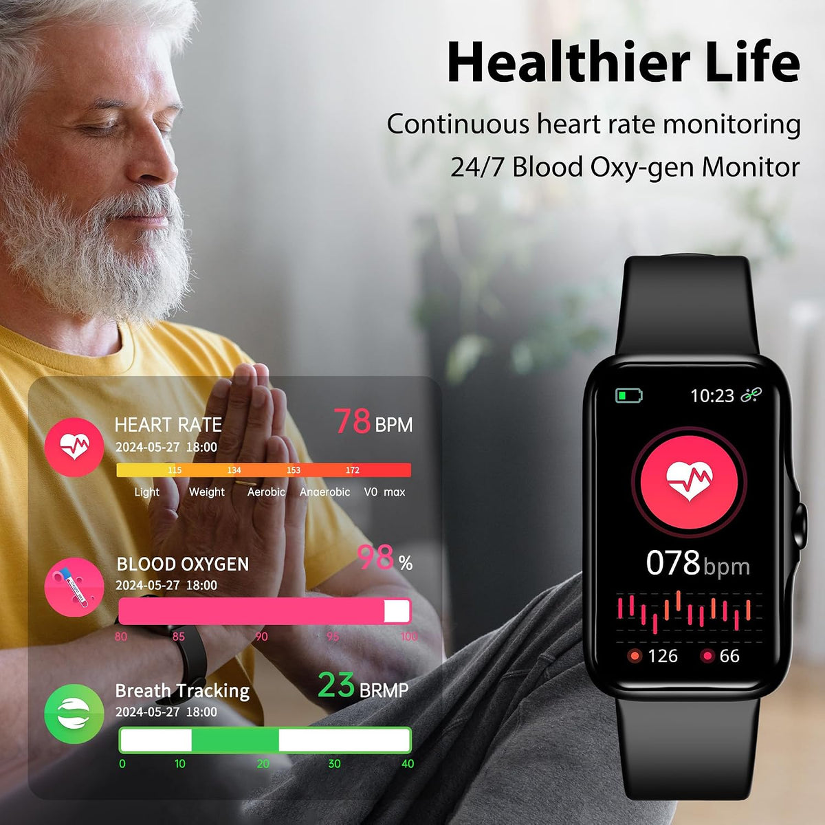 Fitness Tracker with 24/7 Continuous Heart Rate, Blood Oxy-gen Monitor, Smart...