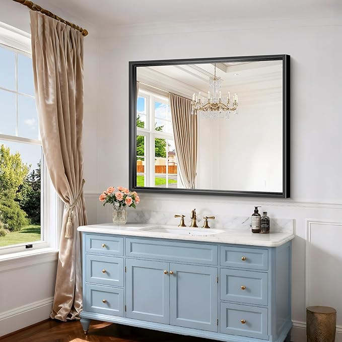 Bathroom Mirror, 42 x 36 Inch Brushed Black Rectangle Mirror, 0.6" Thick...