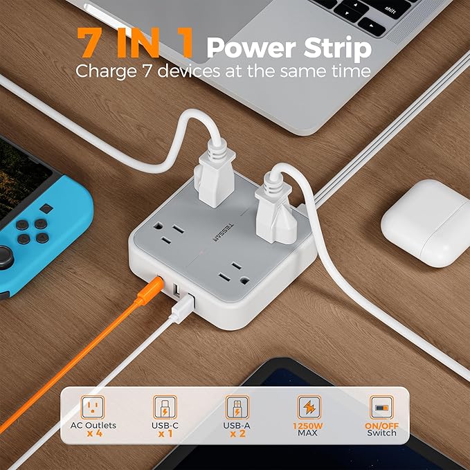 Surge Protector Long Extension Cord 25FT, TESSAN Flat Plug Power Strip