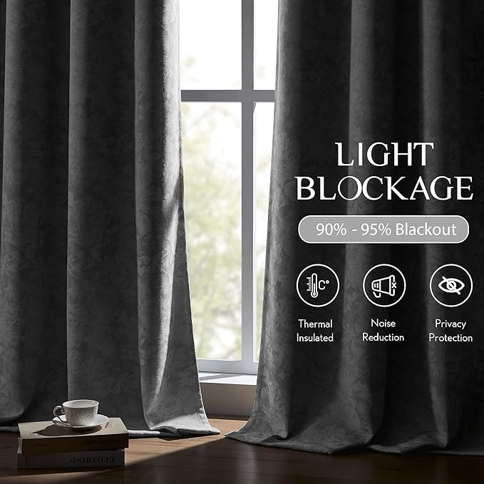 Beauoop Grey Floral Jacquard Blackout Curtains 84 Inches Long