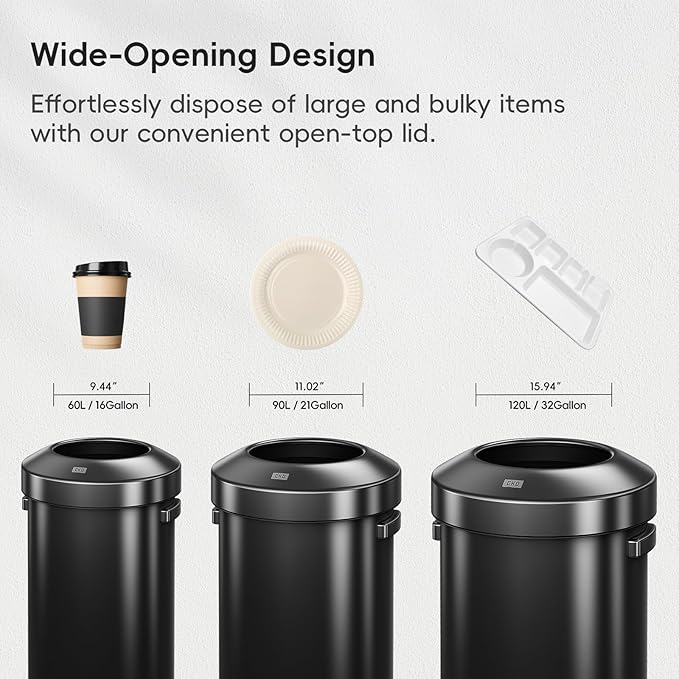 EKO 16-Gallon Round Black Stainless Steel Open Top Trash Can, Large Commercial