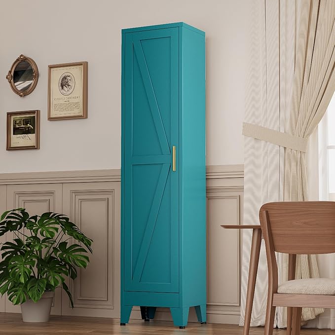 Narrow Metal Cabinet with 4 Adjustable Shelves and Barn Doors, Tall Bathroom