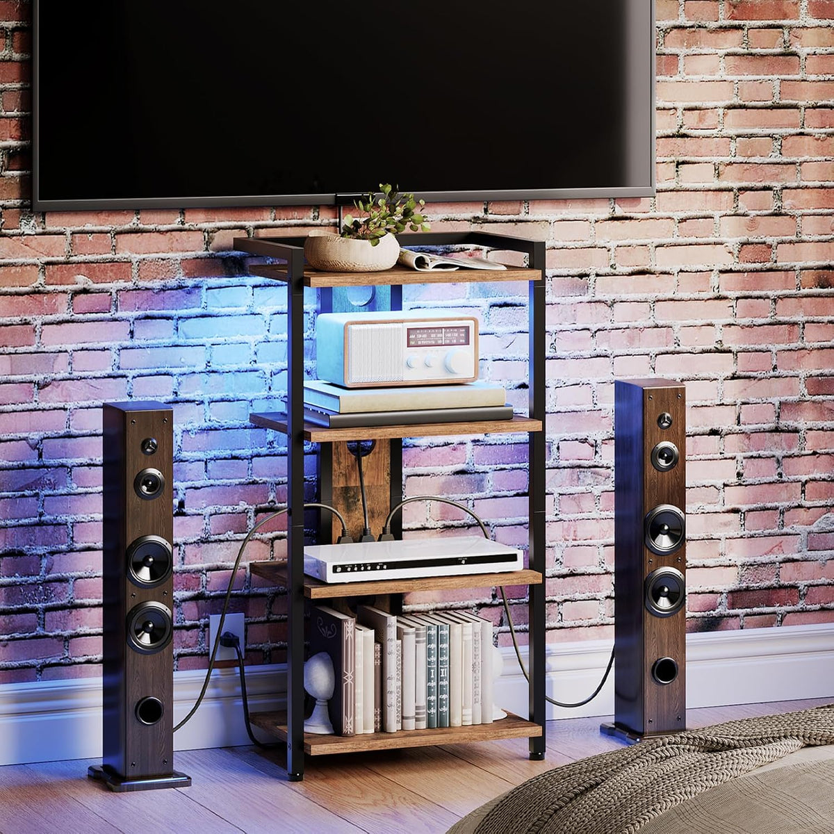 HOOBRO 4-Tier AV Media Stand, Media Console with Charging Station&LED Light