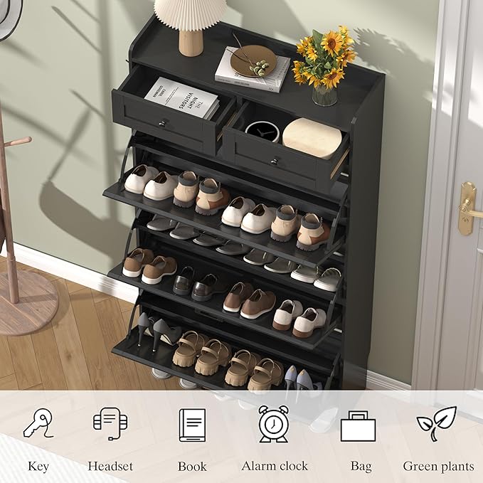 Shoe Cabinet with 3 Flip Drawers & 2 Storage Drawers, Rustic Farmhouse Na...