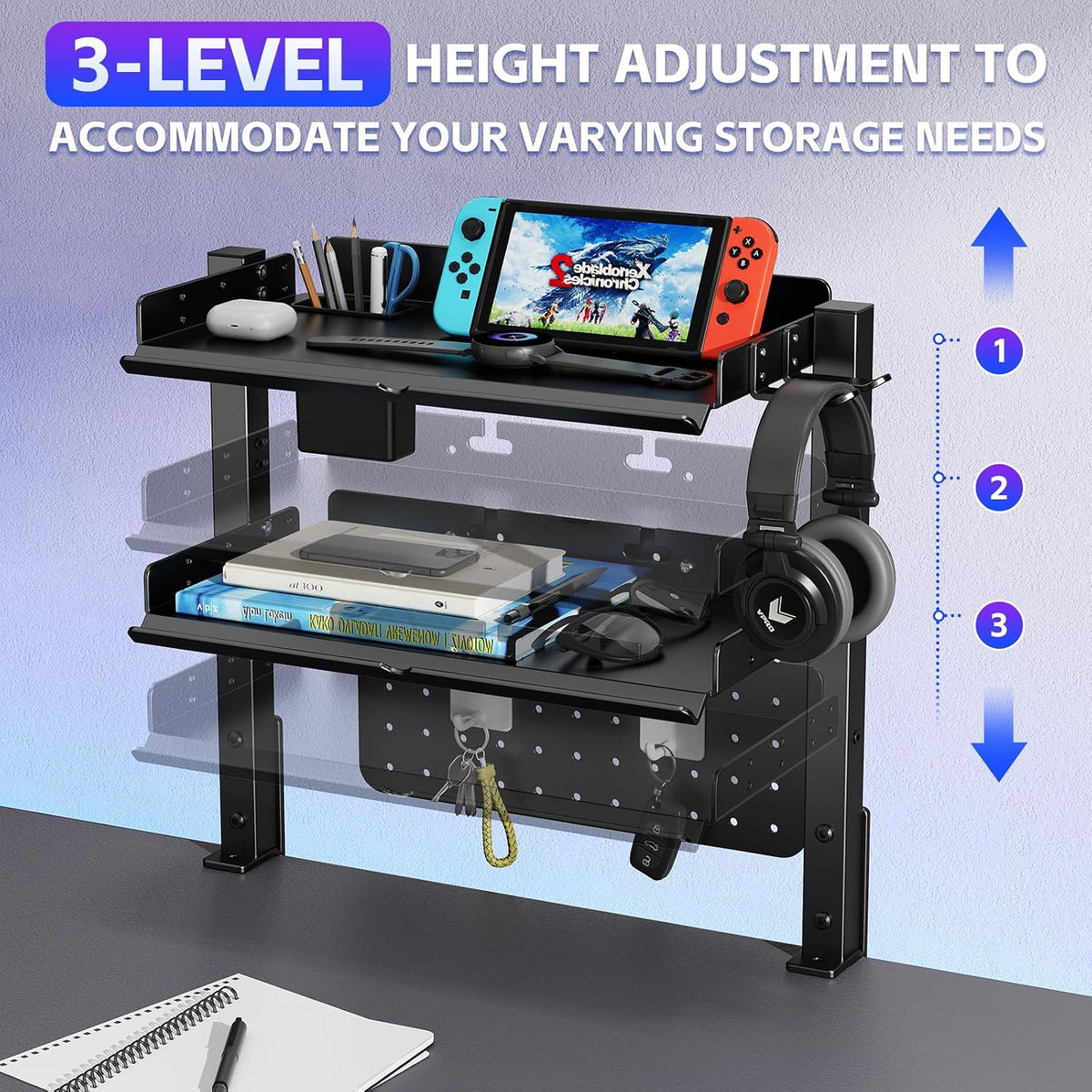 Metal Clamp On Desk Shelf,Storage Shelves with Pegboard and Pencil Holder