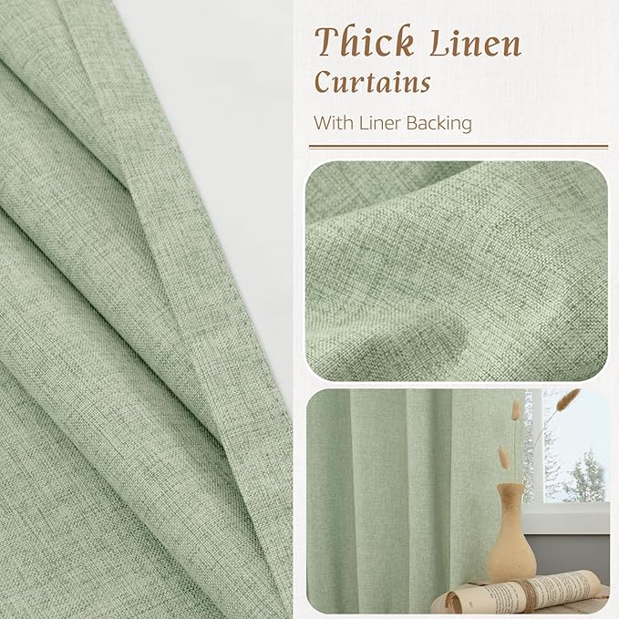 LAMIT 100% Blackout Linen Curtains, 63 Inches Linen Textured Thermal Bedroom