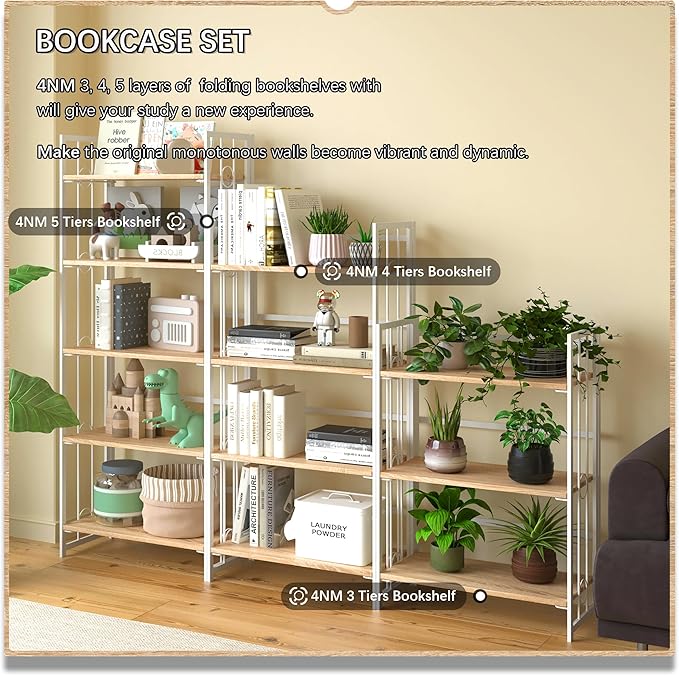 4NM No Assembly 5 Tiers Folding Bookshelf, 59.4" H Foldable Storage Shelves