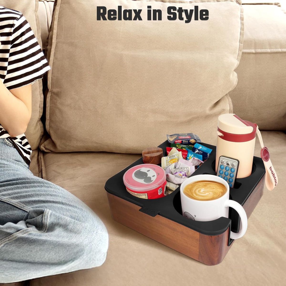 Couch Cup Holder Tray, Real Acacia Wooden Caddy with Soft Silicone, Snack and...