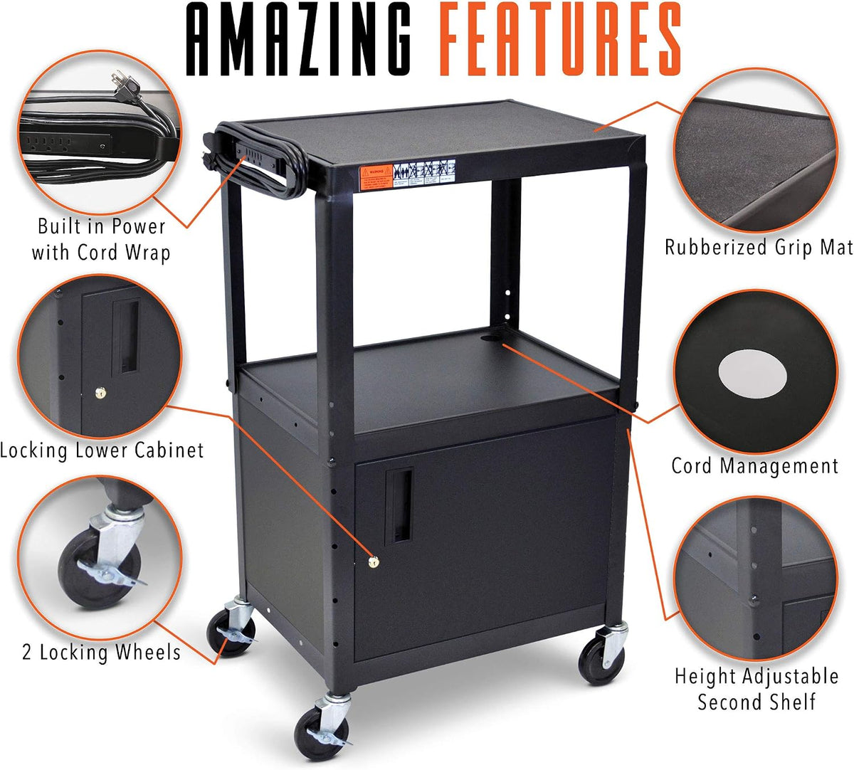 Line Leader AV Cart w/Locking Cabinet, Black Metal Utility Cart with Storage ...