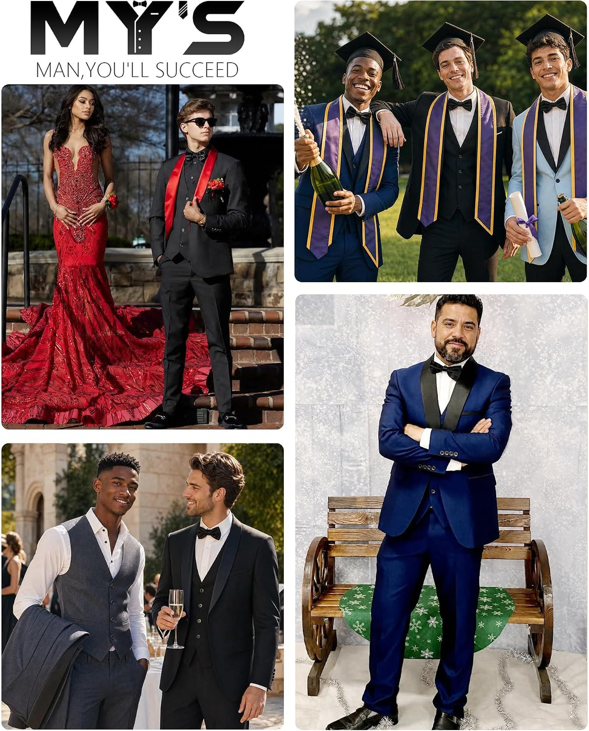 MY'S Men's 3 Piece Tuxedo Set with Tie, Shawl Lapel Suit Blazer Vest ...