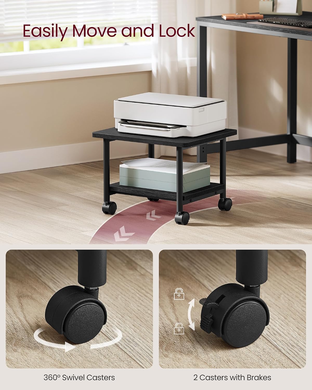 VASAGLE 2-Tier Printer Stand with Locking Wheels, Under Desk Printer Table