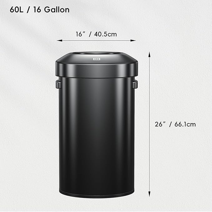 EKO 16-Gallon Round Black Stainless Steel Open Top Trash Can, Large Commercial