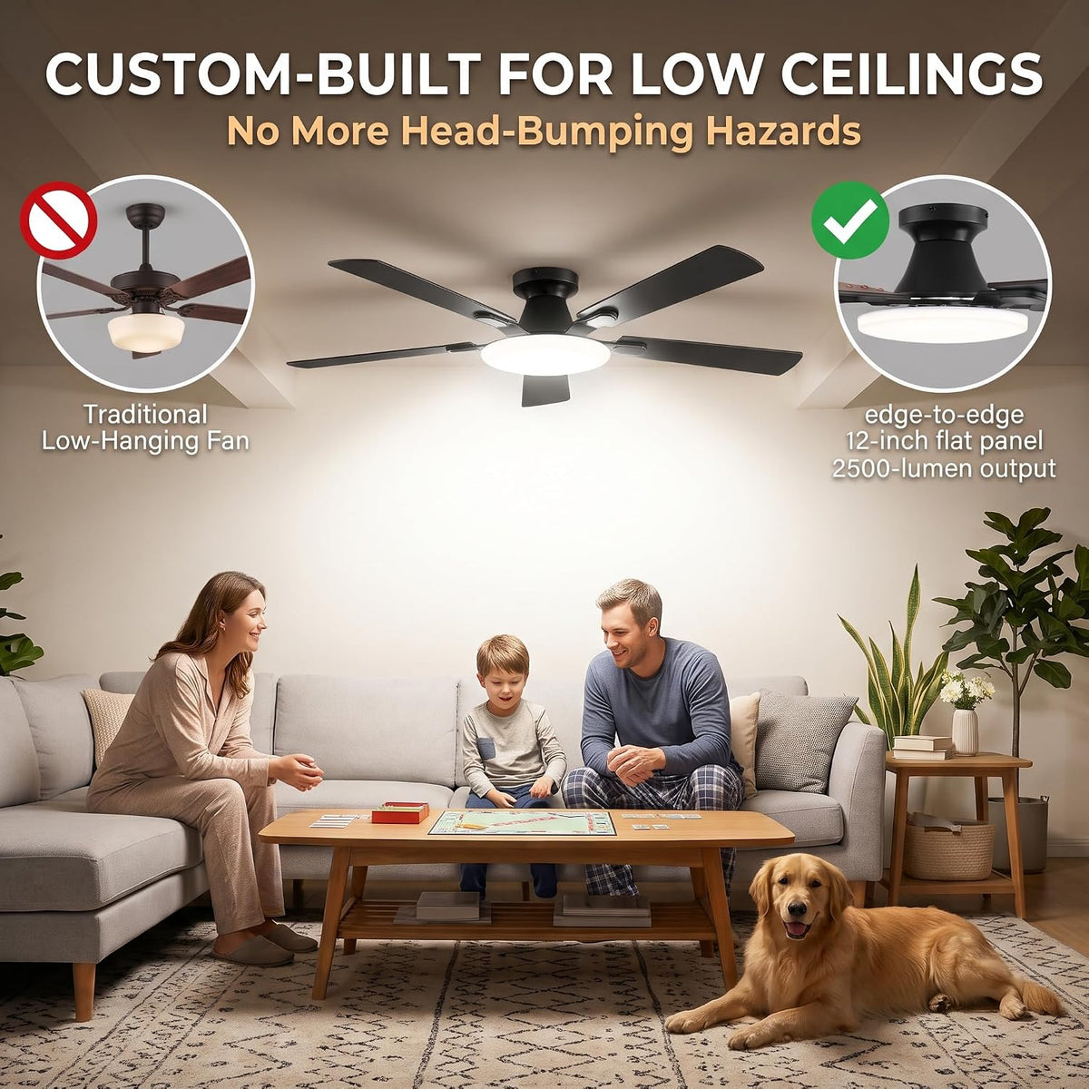LEDIARY 52 Inch Flush Mount Ceiling Fans with Lights, Remote & APP Control