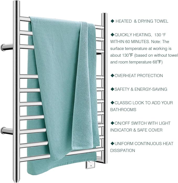 HEATGENE Towel Warmer Wall-Mounted Hardwired Heated Towel Rack Hot Towel Bar