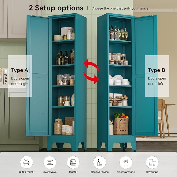 Narrow Metal Cabinet with 4 Adjustable Shelves and Barn Doors, Tall Bathroom