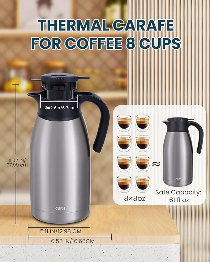GiNT 64Oz Thermal Coffee Carafe, Insulated Stainless Steel Coffee Carafes