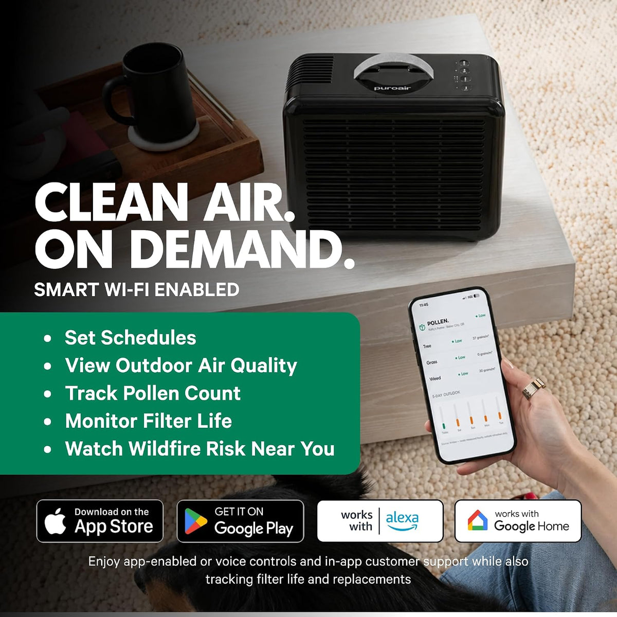PuroAir 100i Smart HEPA Air Purifiers for Bedroom Home Pets - 550 Ft² (2PK)