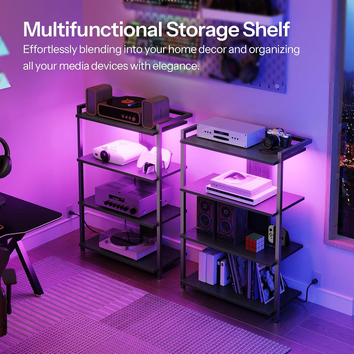 HOOBRO 4-Tier AV Media Stand, Media Console with Charging Station