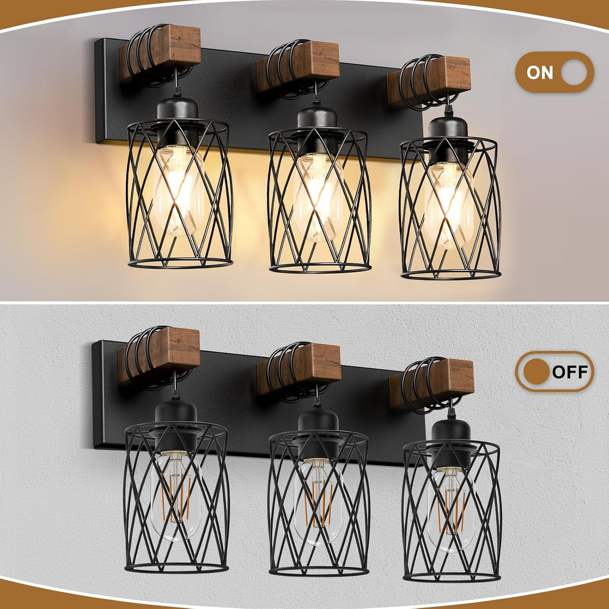 IZORRO Farmhouse Bathroom Vanity Light, 3-Light Wood Bathroom Light Fixtures ...