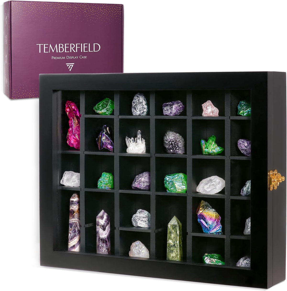 Premium Rock Display Case – Wooden Shadow Box with Shelves for Crystals, Seas...