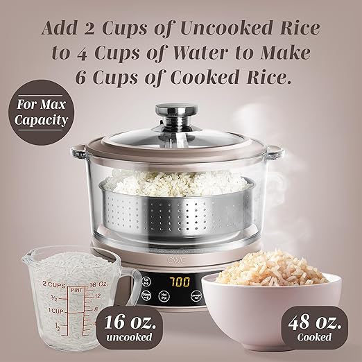 COOK WITH COLOR 3L Glass Mini Low Carb Rice Cooker – Holds 2 Cups Raw/Makes 6