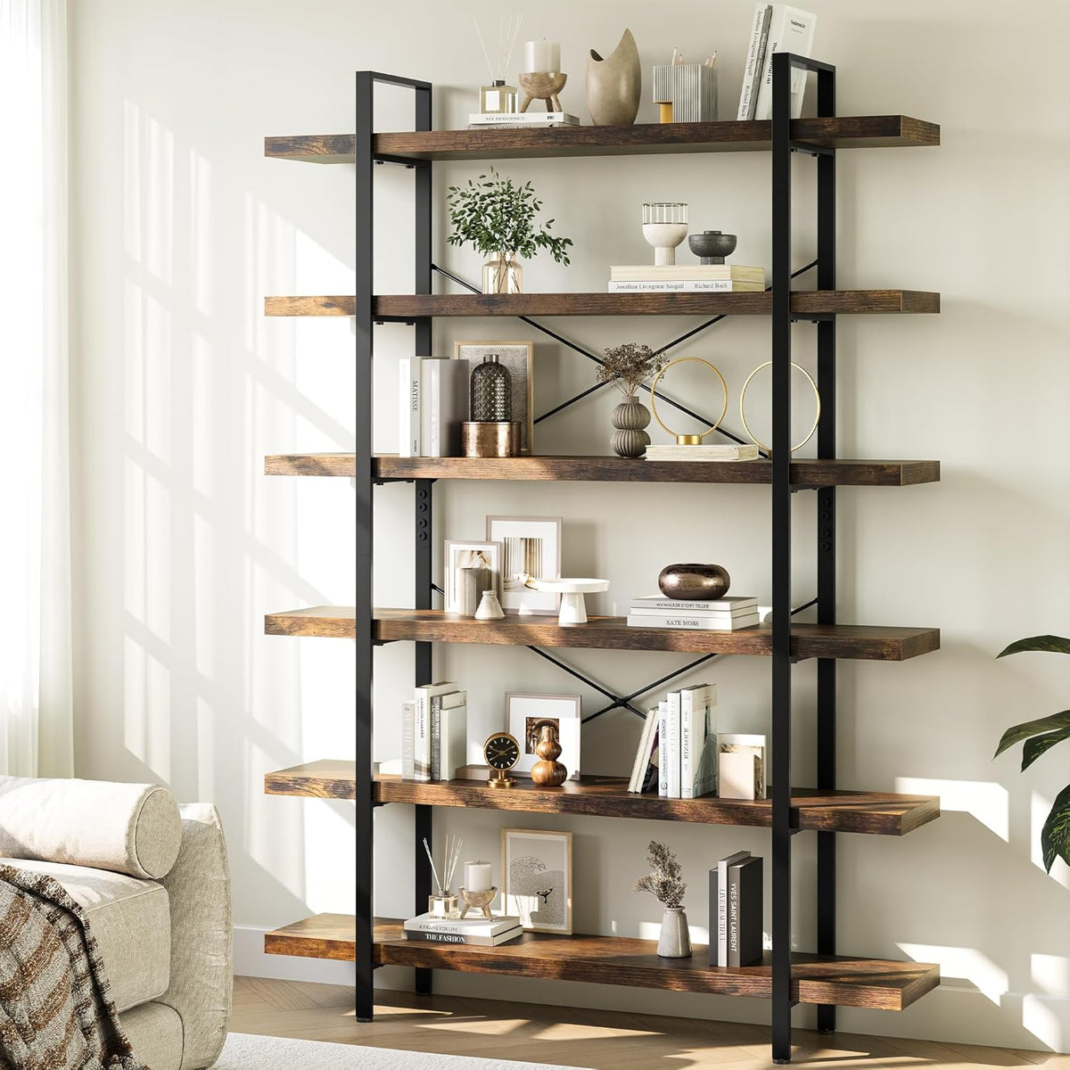 Heavy Duty 6 Tier Industrial Bookcase for Home Office, Rustic Brown