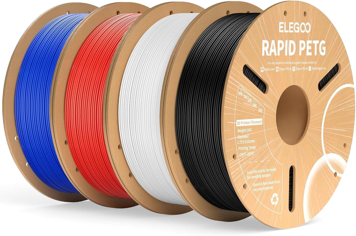 ELEGOO Rapid PETG 3D Filament Bundle 1.75mm Black/White/Blue/Red 4KG