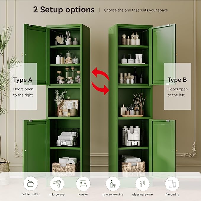 2-Door Metal Storage Cabinet, Tall Slim Pantry Organizer