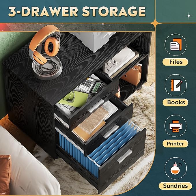 DEVAISE 3 Drawer Mobile File Cabinet, Wood Lateral Filing Cabinet, Printer Stand