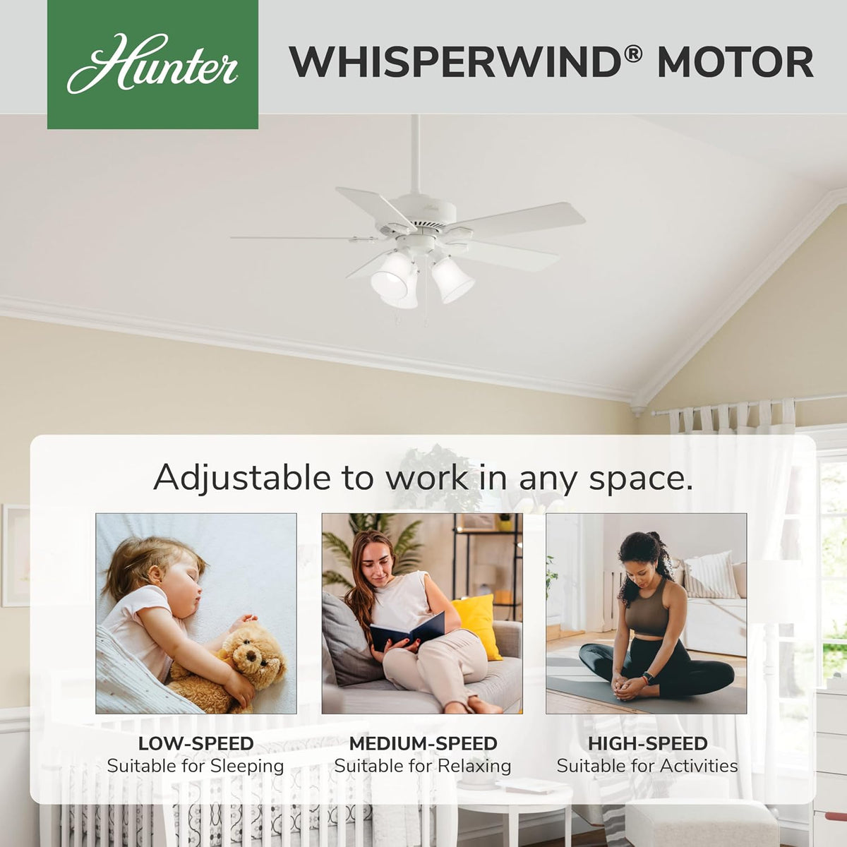 Hunter Swanson, Indoor, Ceiling Fan, with LED Lights, 44 inch, Fresh White