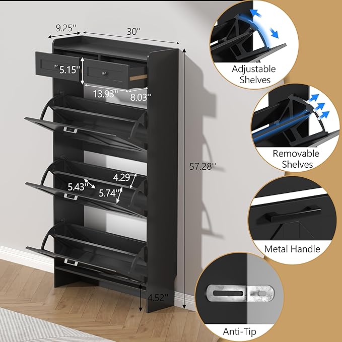 Shoe Cabinet with 3 Flip Drawers & 2 Storage Drawers, Rustic Farmhouse Na...