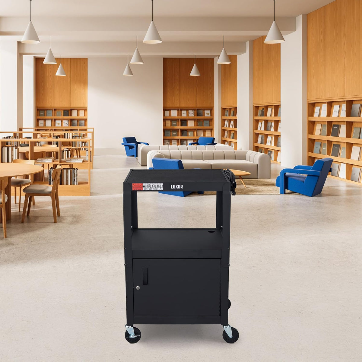 Luxor Multipurpose Adjustable Height Steel A/V Utility Cart with Cabinet - Black