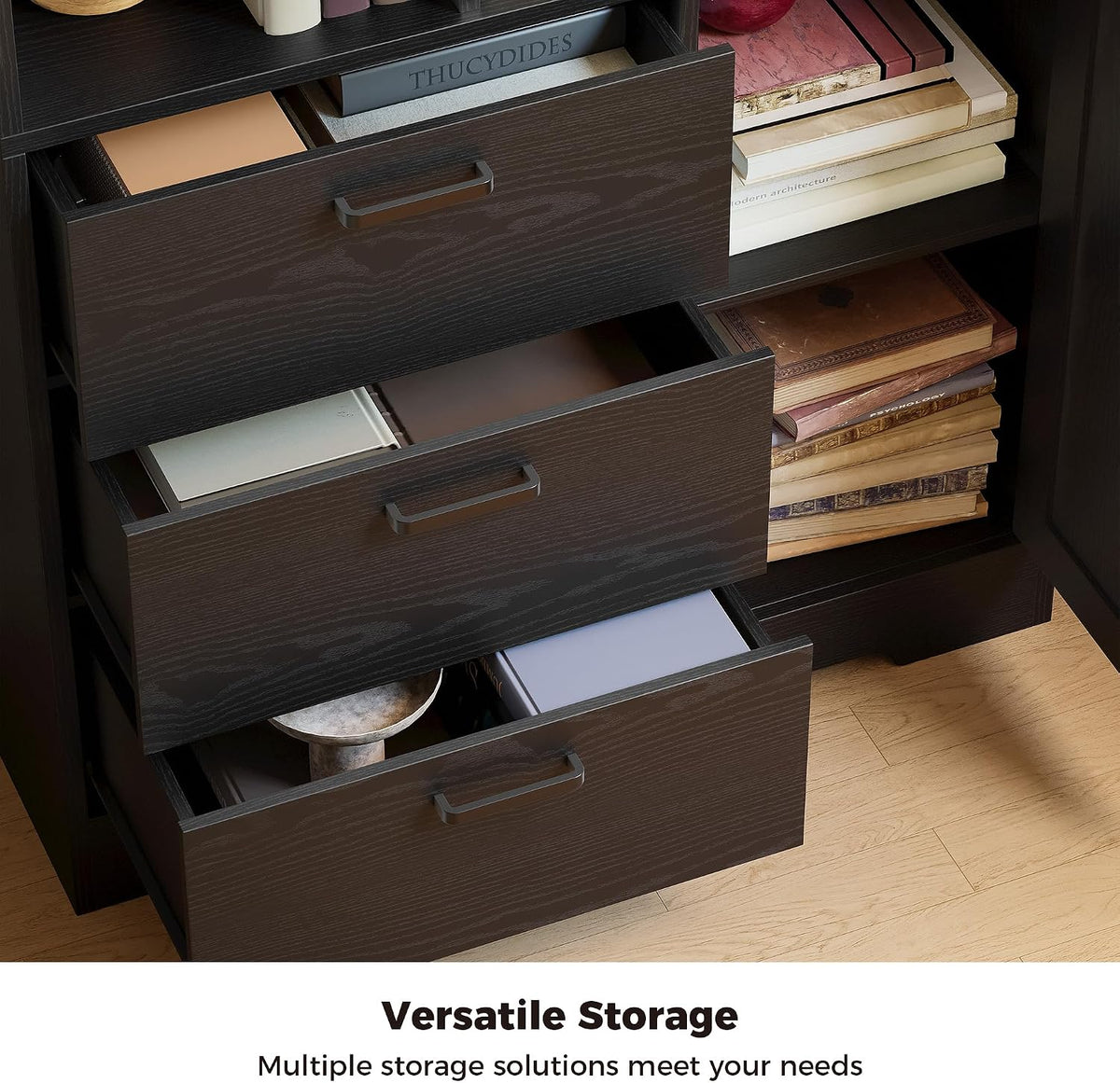 IRONCK 70.9-Inch Bookcase with Doors and 3 Drawers, Black