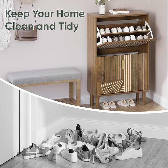Smuxee Shoe Cabinet with 2 Flip Drawers, 23.6" Walnut Hidden Shoe Storage