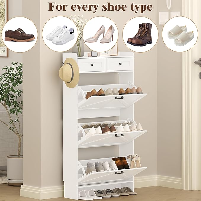 Shoe Cabinet with 3 Flip Drawers & 2 Storage Drawers, Rustic Farmhouse Na...