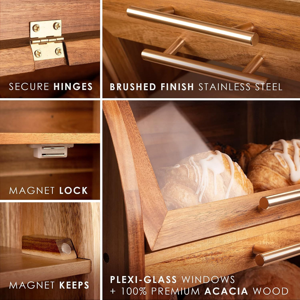 Arise Acacia Wooden Bread Box for Kitchen Countertop, Extra Large 2-Shelf