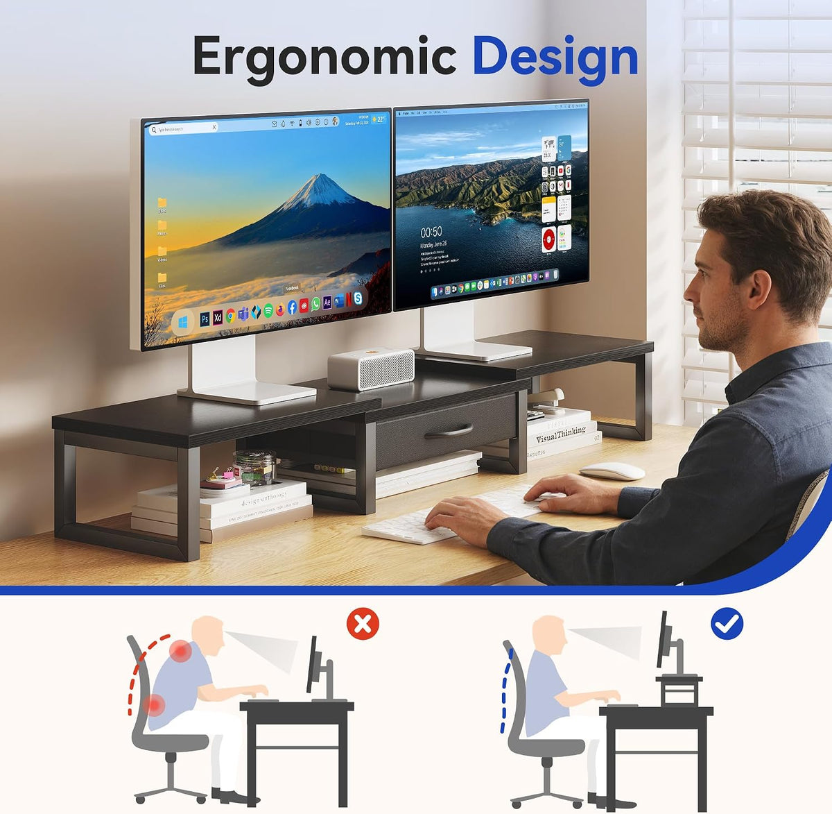 Dual Monitor Stand Riser, Desk Organizers and Accessories with Drawer, Comput...