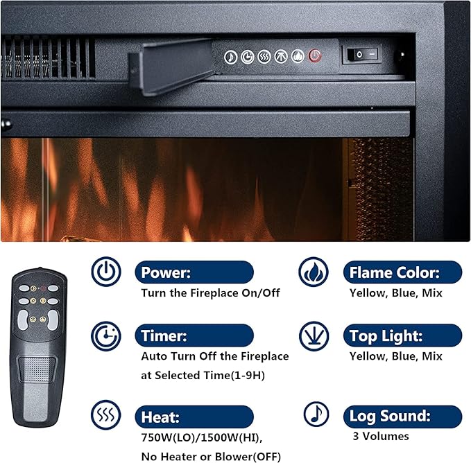 50 Inches Electric Fireplace Insert, 750W/1500W Fireplace Heater