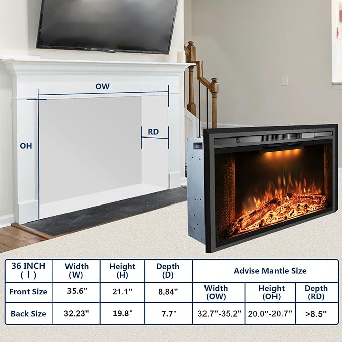 36 Inches Electric Fireplace Insert, 750W/1500W Fireplace Heater